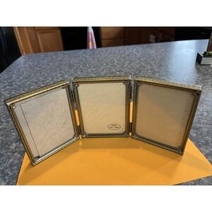 Vintage Gold Brassy Tri Fold Picture Frame ~1950s?~ Holds 3 1/4" X 4 1/4" Photos